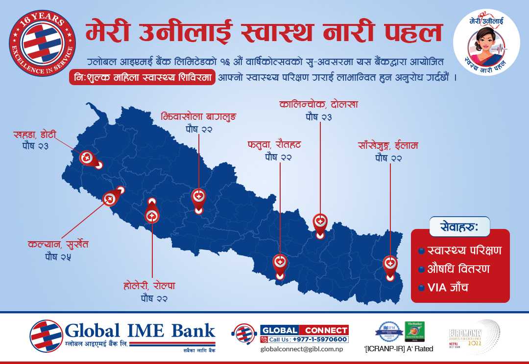 ग्लोबल आइएमई बैंकले वार्षिकोत्सवमा 'मेरी उनीलाई स्वस्थ नारी पहल अभियान' सञ्चालन गर्दै 