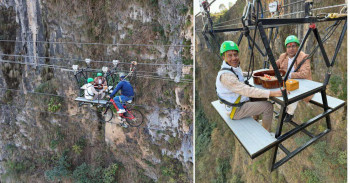 कालीगण्डकी खोंचमाथिको भीरमा झुन्डिएर स्काई क्याफेमा रमाए पर्यटनमन्त्री पाण्डे